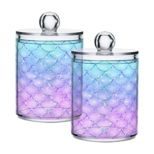 Image of MNSRUU 4 Pack Qtip Holder Organizer Dispenser Pink Blue Mermaid Scales Bathroom Containers Bathroom Vanity Storage Canister Apothecary Jars for Cotton Swabs/Pads/Floss