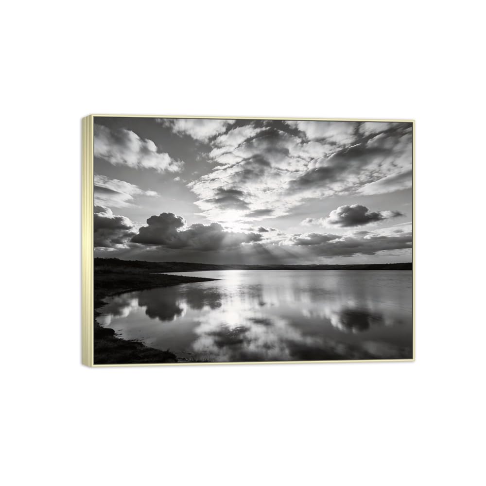 Sea Clouds Black White Landscape Canvas Picture 90x117cm Silver Frame