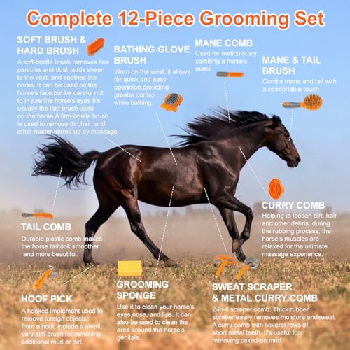 Horse Grooming Kit, 12-Piece Horse Brush Set with Storage Tote, Grey | 12-piece grooming kit with storage tote for coat, mane, bathing and hoof care, keeping horse tools organized and ready - Image 6