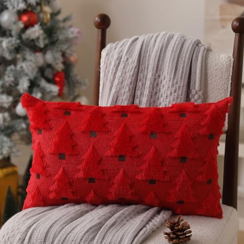 Image of Allorry Christmas Pillow Covers 12x20 inch Set of 2 Christmas Decorations Soft Plush Faux Fur Wool Red Christmas Tree Throw Pillow Cases Winter Holiday Decor for Sofa Living Room PT002B12