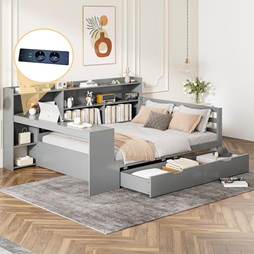 HaoChrymec Sofá Cama de Madera Maciza con Escritorio, Estantes y Cajones, con Puertos de Carga, Cama Multifuncional para Dormitorio y Apartamento, Gris, 140 x 200 cm