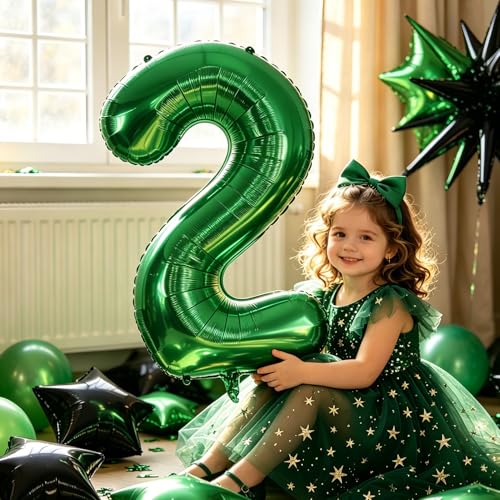 Image of TONIFUL 2nd Birthday Balloons 40 Inch Green Large Number 2 Foil Balloon 18 Inch Helium Mylar Heart Star Shaped Ballons for Boys Men Birthday Anniversary Graduation New Year Eve Party Decoration