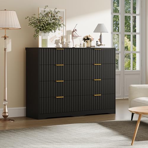 Image of Fluted 8 Drawer Dresser for Bedroom, 55 inch Wide Modern Wooden Chest of Drawers with Metal Handles, TV Stand & Closet Storage Organizer for Living Room,Hallway, Black