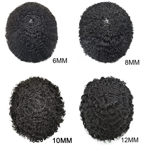 Afro Toupee for Black Men Full Poly Skin PU Injection Curly African American Real Human Hair Piece Men Replacement System 8"x10" Mens Toupee Hair Unit FACE MIRACLE (8"*10", 1B# Off Black-6MM Wave) - Image 6