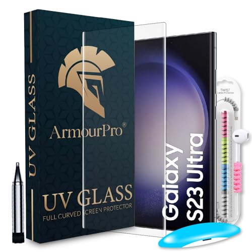Image of ArmourPro Advanced HD+ UV Tempered Glass Compatible for Samsung Galaxy S23 Ultra with Edge to Edge Protection Coverage, Cable Protector and Easy Installation kit | Black
