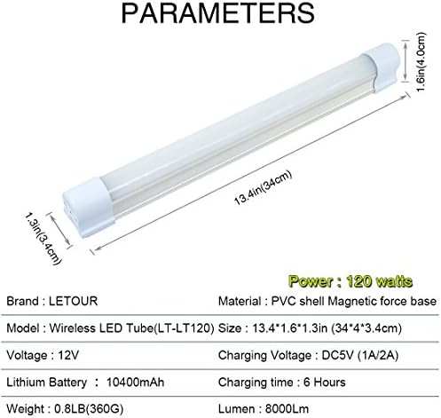 LETOUR Camping Lights, LED Tube Magnetic Work Light Bar120W 8000Lumens 5 Dimmable Levels Camping Lantern USB Rechargeable Portable Lights Endurance for 80Hours (LT-LTK120 120Watts)