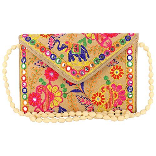 Craft Trade Cotton Clutch for Women, Creamish Beige – Handcrafted Ethnic Embroidered Evening Bag, Traditional Indian Wedding & Party Purse with Zipper Closure, 10 x 7 Inch