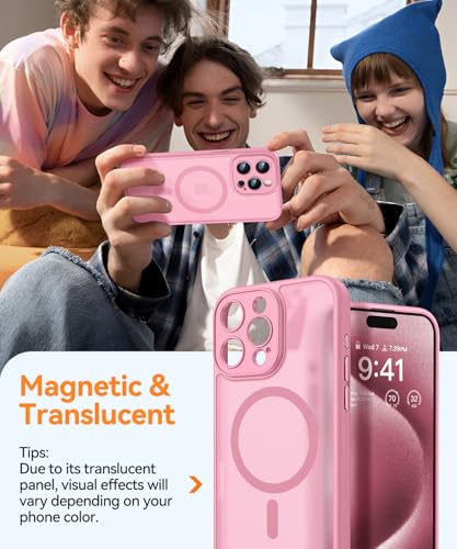 Image of CANSHN Magnetic Compatible with iPhone 15 Pro Case, Upgraded [Full Camera Protection] [Compatible with Magsafe] [Translucent Matte] Shockproof Protective Phone Case Cover 6.1 Inch - Pink