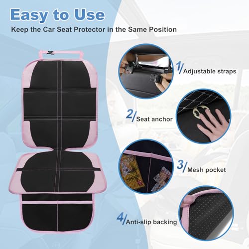 Image of Child Car Seat Protector, 2 Pack with Mesh Pockets & Non-Slip Backing, 600D Durable (Pink, Standard)