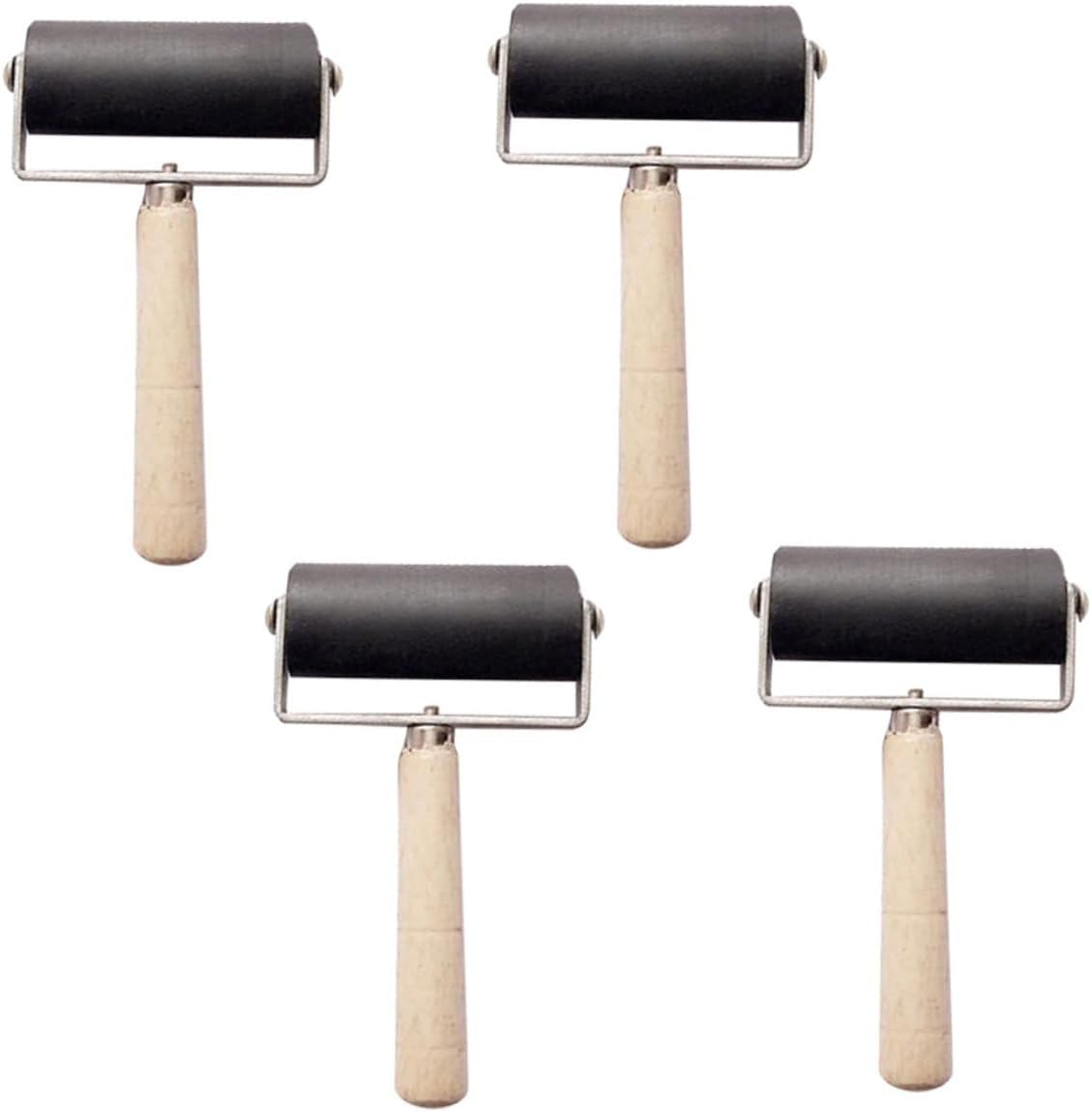 Uonlytech 4pcs Roller Set for Printmaking and Crafting 6cm Rubber Ink Applicator Wooden Handle for Artists