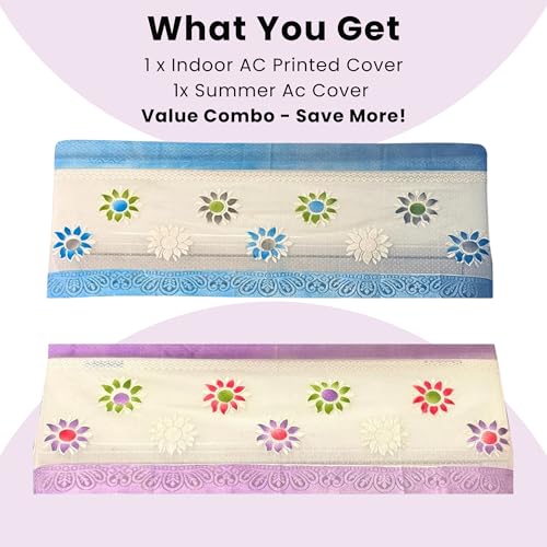 Image of Combo Cotton Net Split AC Cover Indoor Unit for 1.5Ton Capacity AC, Premium Work Indoor AC Dust Protection Cover Designer Summer Ac Cover for 1.5Ton Ac (38 X 15.35 X 7.8 inch, Blue & Purple)