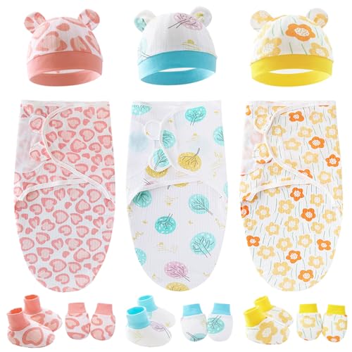 Image of JUNQIAKO 3 Pack Baby Swaddle Sleep Sack with Hat Set for 0-3 months Soft Cotton Newborn Wearable Swaddle Wrap for Boys Girls