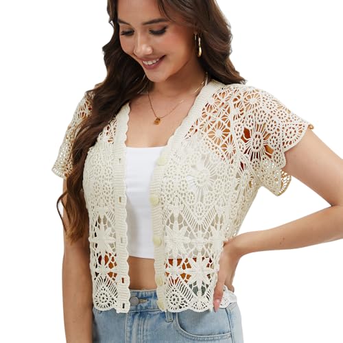 Image of Women's Short Sleeve Bolero Shrugs Crochet Lace Open Cardigan