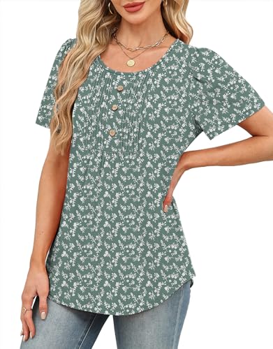Image of Womens Tops Dressy Casual Blouses Short Sleeve Shirts Plus Size Fashion Clothing Spring Summer Outfits Button Pleated Front