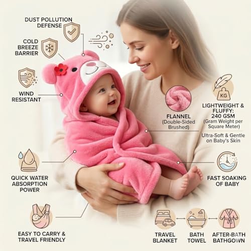 Image of First Kick Baby Hooded Blanket for Newborn (0-12 Months) - Soft 240 GSM Flannel Baby Wrap, Cute Bear Hood Baby Bath Towel & Swaddle, Lightweight Warm Crib & Travel for Infants - 82 x 82 cm Pink