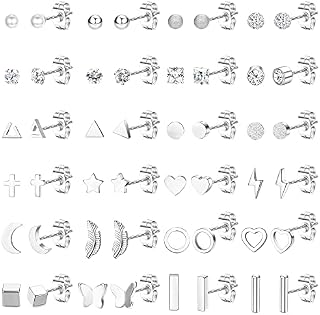 JeweBella 24 Pairs Small Stud Earrings Set for Women Men Surgical Steel Hypoallergenic Cartilage Helix Earrings Multiple Geometric Tiny Ball Star Moon Pearl Cubic Zirconia Piercing Stud Earrings Set