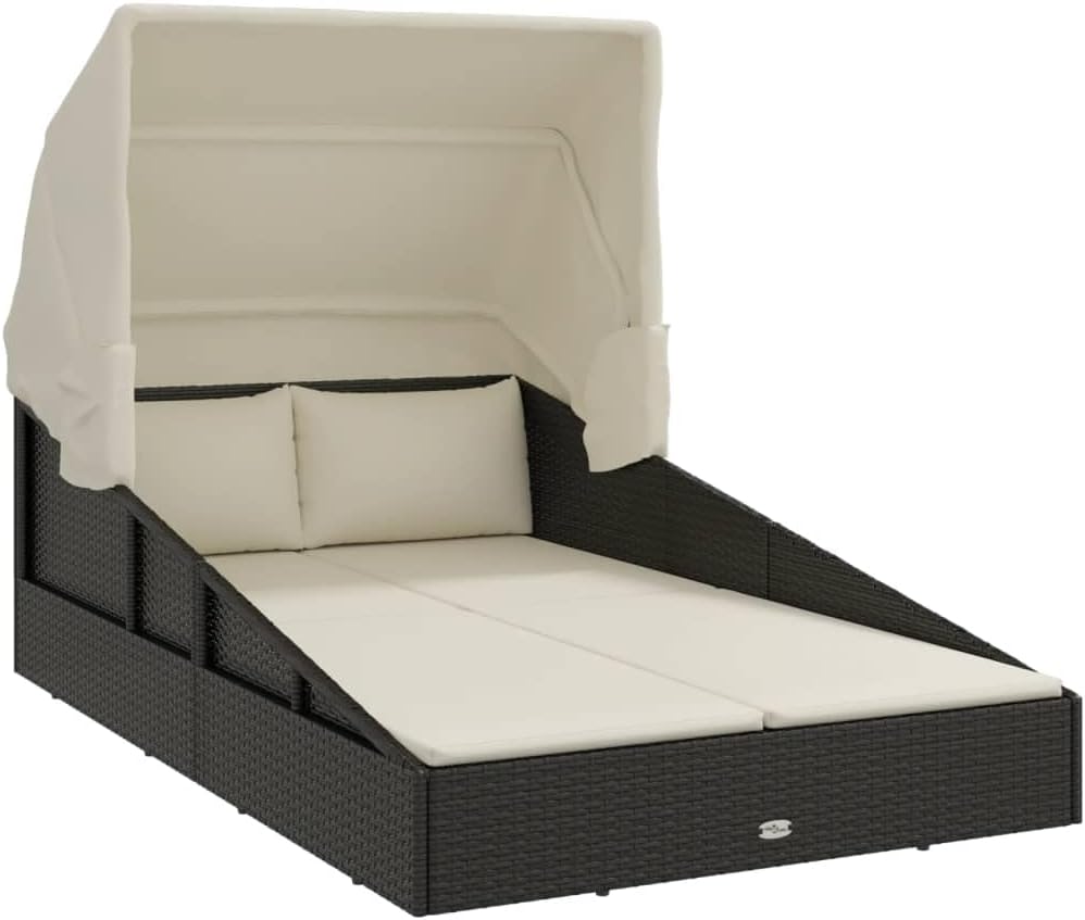 vidaXL Durable Sunbed with Foldable Roof in Black - Weather- Poly Rattan Lounge Bed with Adjustable, Easy to Clean Cushions for Pool, Garden, Patio