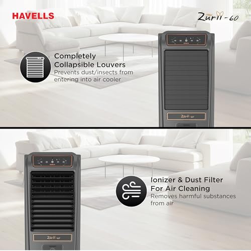 Image of Havells Zurii 60 L Tower Air Cooler for Room|With Remote & Electronic Panel|Fully Collapsible louvers|Low Water Alarm|Dust Filter Net|Timer Function|Bacteria Shield Honeycomb Pads|Dry Run Protection