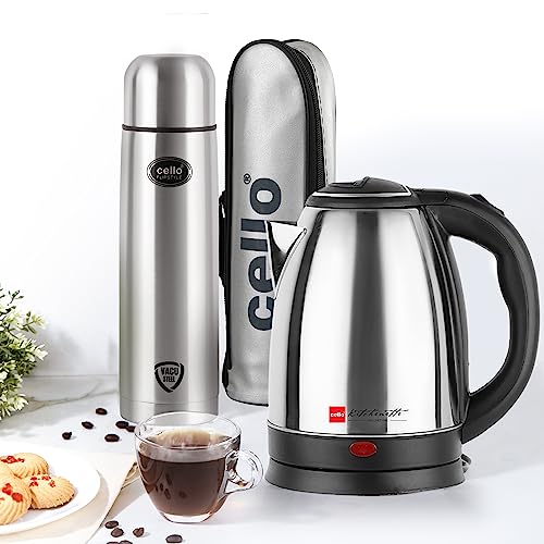 Image of Cello Quick Boil Pride Electric Kettle, 1.8 Ltr, Flipstyle Bottle with Jacket, 750 ml Electric Kettle (2.55 L, Silver)