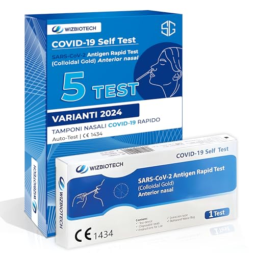 5 Test Tamponi COVID 19, Tamponi Rapidi Nasali Certificati per Uso Domestico, Validato Nuove Varianti 2024, Sensibilità 100% a carica virale alta, Risultato Rapido