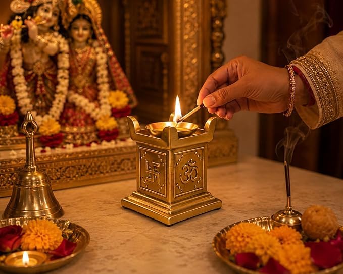 Infinite Skies Corporation Brass Tulsi Diya with Engraved Om Swastik Symbols, Gold, 6x6x8 cm, Traditional Oil Lamp for Pooja-image-41