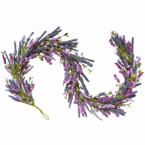 Egolot Purple Lavender Flower Garland for Mantle & Fireplace, 70Inch Spring Summer Garland for Front Door Wedding Decor, Rustic Farmhouse Indoor Outdoor Swag