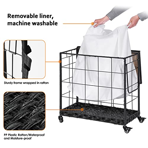 Laundry Hamper With Heavy Duty Caster Wheels; 3 Sections Clothes Hamper With Lid; 132L Laundry Basket With Removable Liner Bag; Laundry Sorter With Metal Handle (White) #TOP5