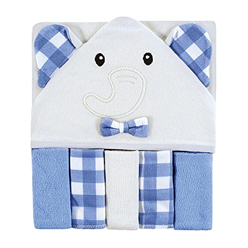 Image of Hudson Baby Unisex Baby Hooded Towel and Five Washcloths, Gingham Elephant, One Size