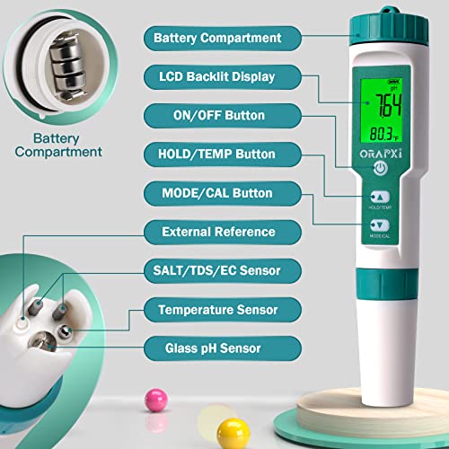 Orapxi LD-175 Pool Salt Tester Orapxi Ph And Salt Meter For Saltwater Pool Ph And Salinity Digital Tester 5 In 1 Salt Meter thumb #1