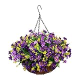 Homsunny Artificial Hanging Flowers in Basket Outdoor Indoor Patio Lawn Garden Decor, Hanging Daisy Basket with 12inch Coconut Lining Chain Flowerpot (Dark Purple)