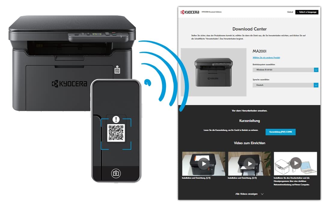 Kyocera System ochrony klimatu MA2001 drukarka laserowa 3 w 1: drukarka SW, kopiarka, skaner. 20 stron A4 na minutę. USB 2.0, 1200 dpi, funkcja skanowania nie jest kompatybilna z Apple IOS
