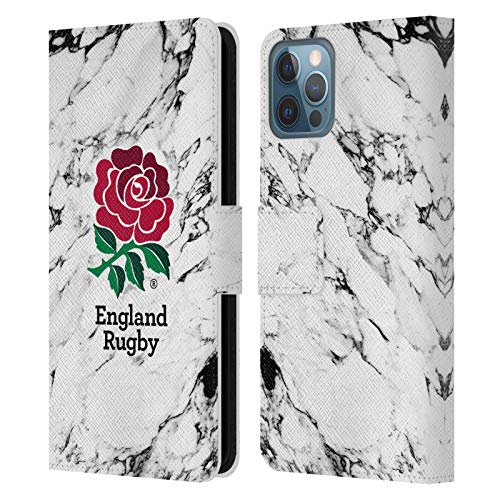 Funda tipo libro para iPhone 12 con diseño England Rugby de cuero con mármol blanco