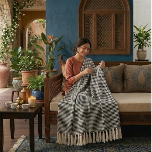 Image of SAJAVAT HOME Hand-Knitted Cotton Sofa Throw | All-Season Throw Blanket for Sofa, Bed, Couch, Chair & Travel | 80x52 Inches (204x132 cm) | with Black Tassels | Pack of 1