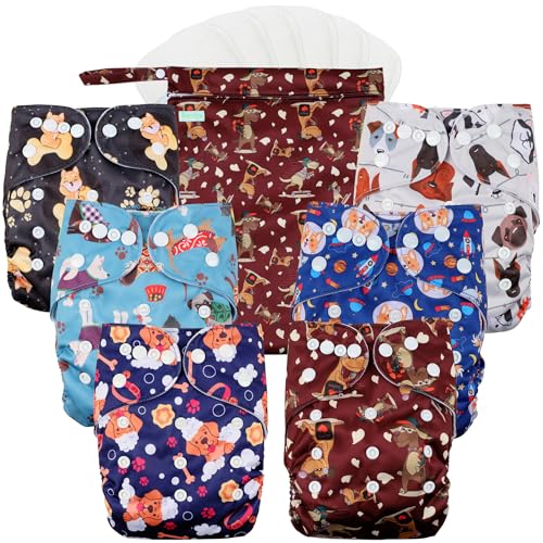 Image of wegreeco Cloth Diapers 6 Pack with 6 Inserts & 1 Wet Bag, Washable Cloth Diapers for Babies, One Size Adjustable Reusable (Little Dogs)