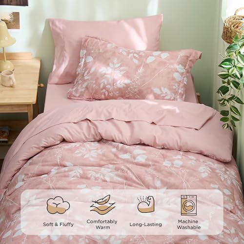 Image of Bedsure Floral Pink Comforter Set, Twin-XL Bedding Sets, Dorm, 5 Piece | Bed in a Bag, Bedroom, Dorm Room，Reversible, Fluffy, Whisper-Quiet, All-Season, Polyester, Easy Care, Botanical-Chic, OEKO