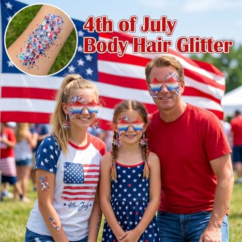 Patriotic Red White and Blue Face Body Glitter Gel、Patriotic Earrings and 3 Pairs Star Sunglasses, 4th of July Outfits and Accessories for Women,USA Flag Makeup for Independence Day 250 Anniversary — view 6
