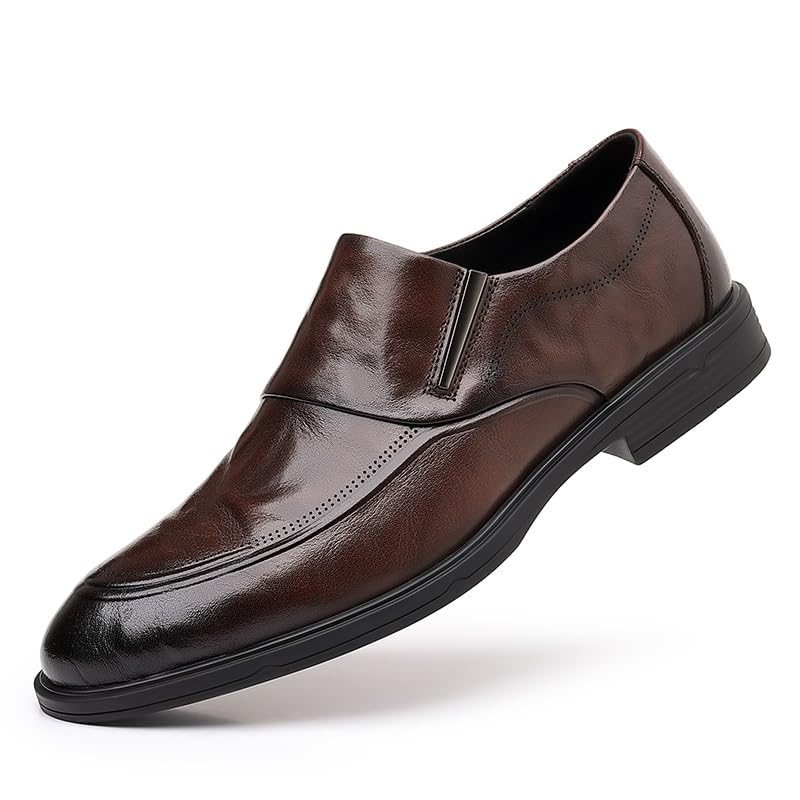 Dress Shoes for Men Slip On Round Burnished Toe PU Leather Rubber Sole Block Heel Slip Resistant Anti-Slip Working