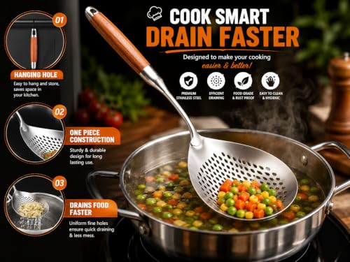 Image of 304 Stainless Steel Cooking Skimmer Jhara with Long Wooden Handle, Heavy Duty Spider Strainer Slotted Spoon for Deep Frying, Oil Draining, Pasta, Noodles, Pakora, Puri & Fries Cooking (Pack of 1)