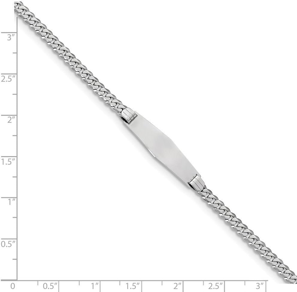 Solid 14k White Gold Flat Curb Cuban Link Soft Diamond-Shape ID Bracelet Engravable Identification Name Bar Tag - with Secure Lobster Lock Clasp 7" (Width = 7mm)