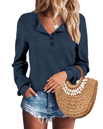 Image of AURUZA Long Sleeve Shirts for Women Henley Shirts Waffle Knit Tops Casual Loose V Neck Tunic Tops Fall Outfits Waffle TShirt