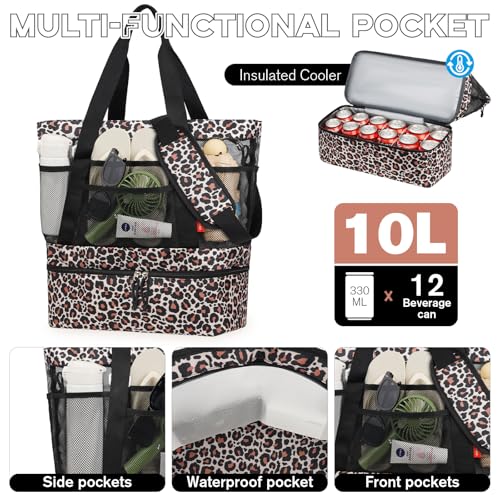 WOOMADA Beach Tote Bag With Cooler, Large Mesh Beach Bags for Women with Wet Pocket, Pool, Swim, Travel Essentials（Brown Leopard） — view 4