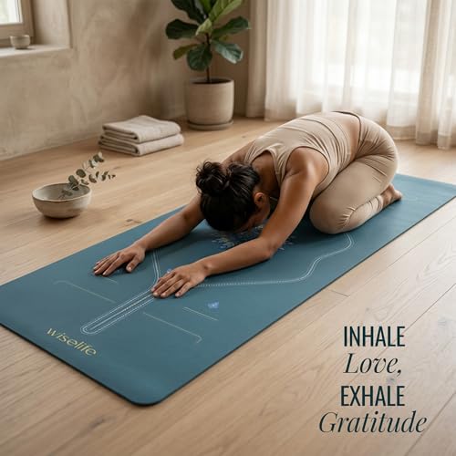 Image of WiseLife PU Alignment Rubber Professional Yoga Mat + Carry Strap - Extra Thick Extra Long Extra Wide Exercise floor mat for Gym, Workout, Fitness, Yoga and Pilates) PURE PU Leather & Natural Rubber ( Frosted Blue 6mm )