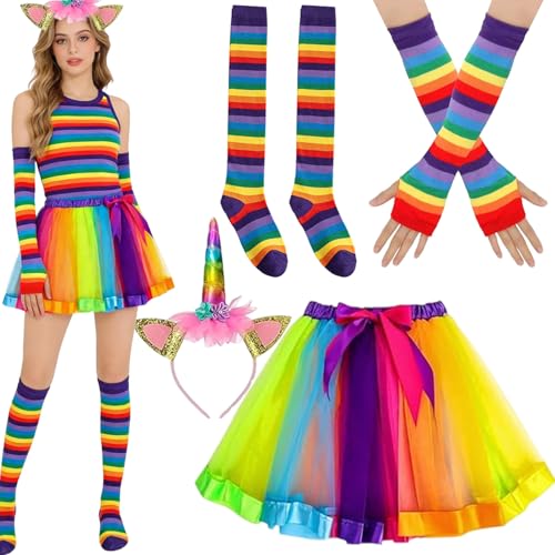 Disfraz de 4 Arcoíris para Mujer, Disfraz de Unicornio para Adultos, Anda de Cuerno de Unicornio, Falda Tutú Arcoíris, Calcetines a Rayas Hasta la Rodilla y Guantes Largos, Para Carnaval Fiesta