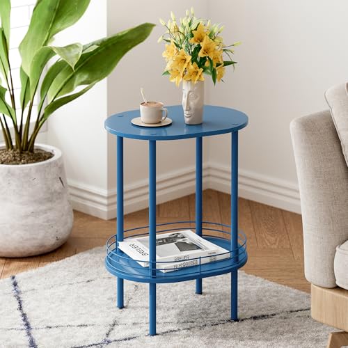 Image of DGSANDGO Blue Oval Side Table,Side Tables Living Room,2-Tier Nightstand,Samll End Table for Small Space,Living Room,Bedroom, Nursery, (1PC,Blue)