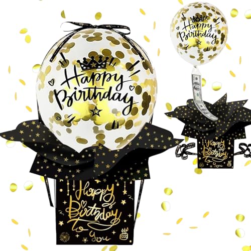 YOUYIKE DIY Geldgeschenke Geburtstag mit Luftballons, üBerraschungsbox, Explosionsbox, Luftballon Pull Up Geburtstag Geldgeschenk, Geld Geschenkverpackung für Ihre Familie, Kinder (Schwarz und Gold)