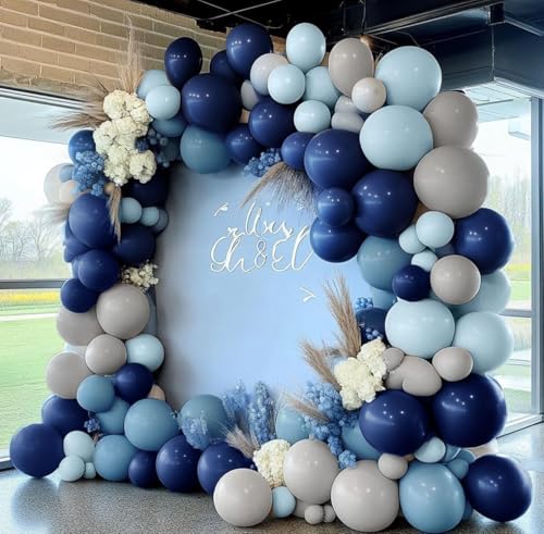 Image of Navy Blue Balloon Arch Kit - Double Stuffed Dusty Blue Pastel Blue Balloon Garland Dark Light Blue Grey Latex Balloons for Baby Bridal Shower Birthday Wedding Graduation Party Decoration