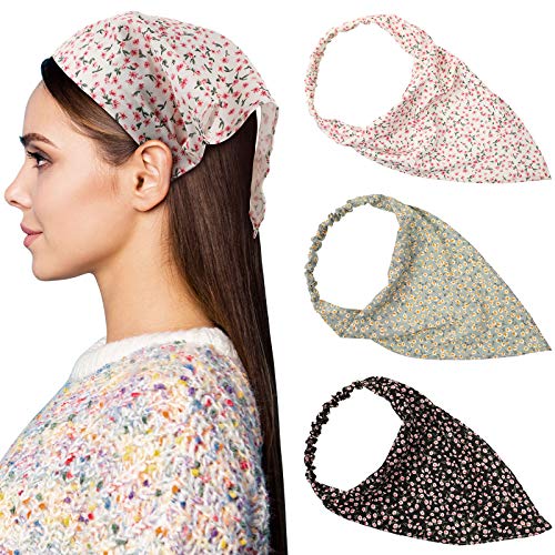 3 Pieces Floral Elastic Hair Scarf Headband Chiffon Head Kerchief Elastic Floral Printed Turban Boho Headbands Kerchief Head Scarf Hair Bandanas with Hair Clips for Women Girls Hair Accessories