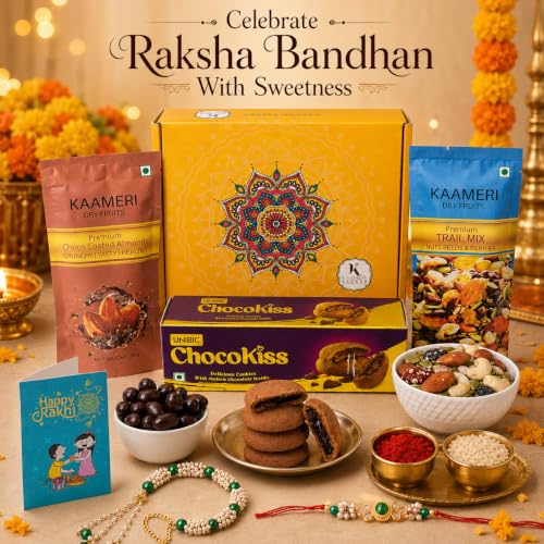 Image of Kaameri Bazaar Premium Rakhi Gift Combo for Brother & Bhabhi with Rakhi, Lumba Bracelet, ChocoKiss Cookies 75g, Trail Mix 35g, Choco Coated Almonds 35g, Roli Chawal, Greeting Card & Gift Box