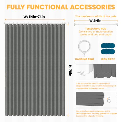 Image of AJAZZ Blackout Sliding Door Curtains with Curtain Rods 52-63 in Length, Magnetic Door Curtain for Bedroom Living Room Doorway Curtain Sets (1 Panel, 72 W x 78 L, Dark Grey)