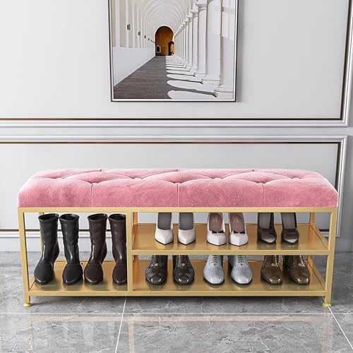 Banc à chaussures moderne en métal noir avec siège rembourré et 2 niveaux de rangement d'entrée